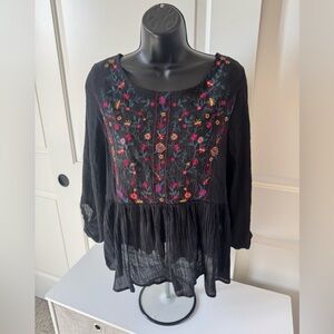 Umgee Black Peasant Tunic with Multicolor Floral Embroidery